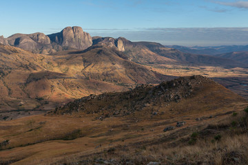 Fototapeta na wymiar Beautiful mountain valley and granite rock formations of Andringitra national park Madagascar