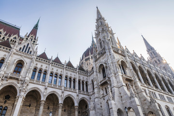 Hungarian Parliament gothic facade, amazing building on Danube river bank in Budapest