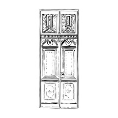 A weathered vintage high wooden double door silhouette. hand drawn illustration. Ink pen sketch style