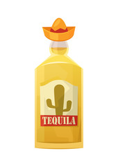 Glass bottle of tequila on white background
