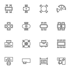 Office furniture top view line icons set. linear style symbols collection, outline signs pack. vector graphics. Set includes icons as round table with chairs, workspace, corner desk, desktop computer