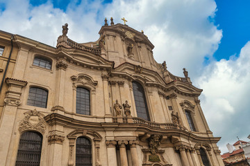 Fototapeta na wymiar Facade of Saint Nicholas Church in Lesser Town area of Prague, Czech Republic