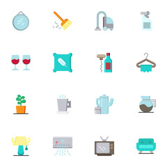 Household equipment elements collection, flat icons set, Colorful symbols pack contains - mirror, hanger, houseplant, flowerpot, television, desk lamp, sofa. Vector illustration. Flat style design