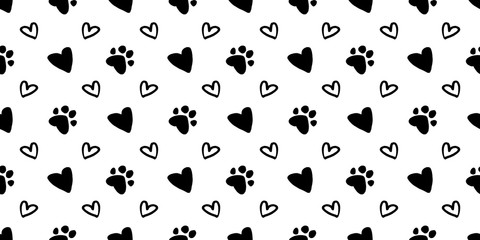 Seamless pattern of black hearts and pet paw silhouette print. Abstract animal wallpaper and fabric design and decor. Illustration isolated. Vector