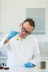 Chemist working with hemp CBDa oil in laboratory
