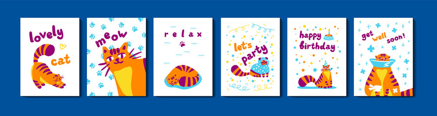 Fototapeta premium Set of posters or cards characters cats. Pet, cartoon cute animals colorful illustration. Vector