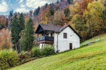 Fototapeta na wymiar Old traditional house with a view in Slovenian Alps surrounded by high colorful trees