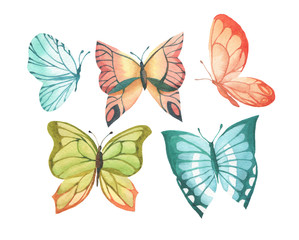 Watercolor set with bright butterflies