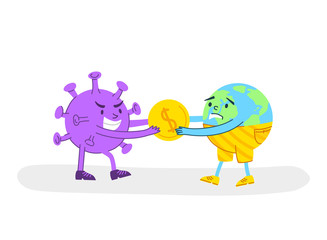 Coronavirus covid-19 economic crisis concept - angry virus stealing gold coin or money from sad planet Earth, evil bacterium and upset globe - funny flat cartoon character spot illustration - vector