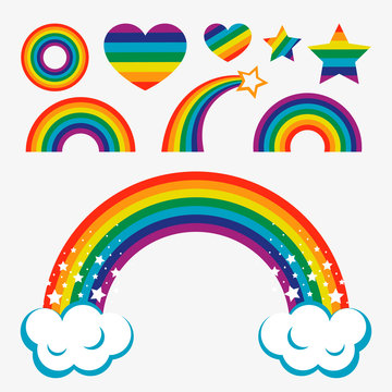 Collection of Bright Colorful Rainbows of Different Shapes with Clouds Vector Illustration