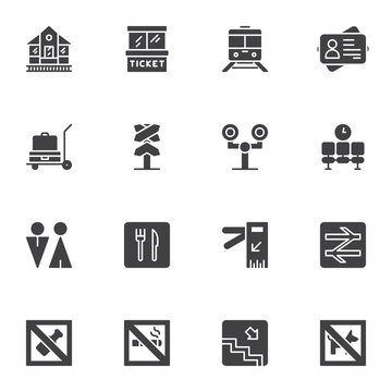 Railway station vector icons set, modern solid symbol collection, filled style pictogram pack. Signs, logo illustration. Set includes icons as ticket box, railroad train, wc, restaurant, waiting room