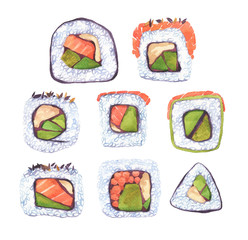 Watercolor set with sushi and rolls on a white background