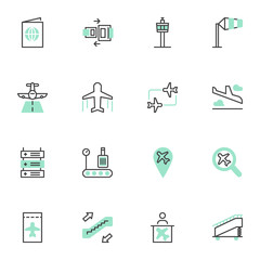 Airport filled outline icons set, line vector symbol collection, linear colorful pictogram pack. Signs logo illustration, Set includes icons as airline boarding pass, airplane, control tower, luggage