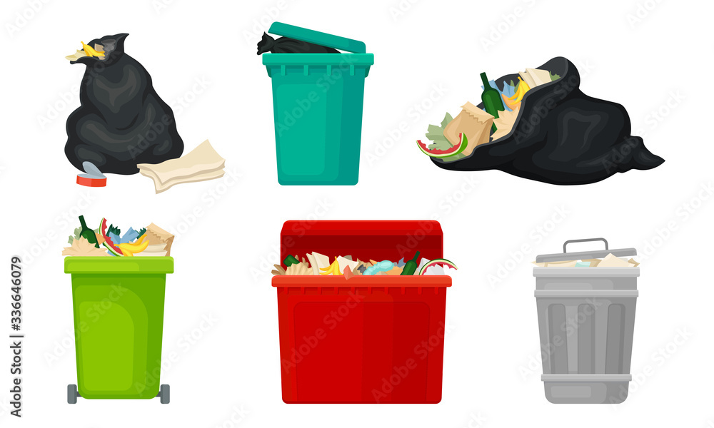 Aufkleber trash bins and sacks full with refuse and garbage vector set