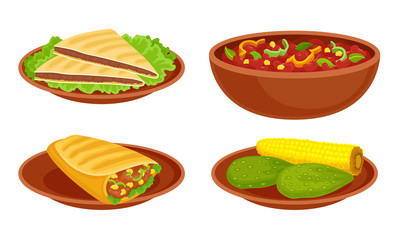 Bowl with Baked Beans and Tacos or Burrito Food Vector Set