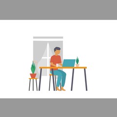 Working at home, co-working space, concept illustration. Young people, man and woman freelancers working on laptops and computers at home. People at home in quarantine. Vector flat style illustration