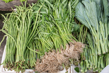 Fresh green Thai vegetables including morning glory, yardlong beans and kale selling at Thai local market.