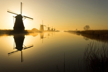 Windmills in early morning at Kinderdijk the Netherlands. Beautiful calm scenery of the famous Dutch tourist destination.