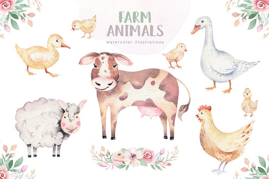 farms animal set mill. Cute domestic pets watercolor illustration. horse and goose. ranchp pig design with goat. rooster chicken and sheep, cow.