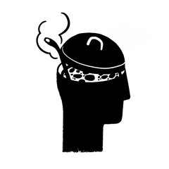 Human head in profile silhouette isolated on white background. The pot is boiling - wise beyond, metaphor. Man head in the form of a pot with a lid to cook soup. Black and white illustration in a mini