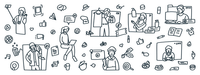 Stay home stay safe icon set, Home activity for coronavirus prevention, live selling, beauty blogger, cooking from home, working from home vector icon set.