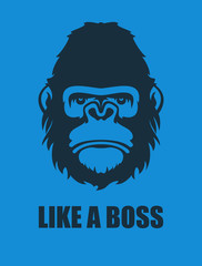 Monkey Face With Like A Boss Inscription. Vector illustration