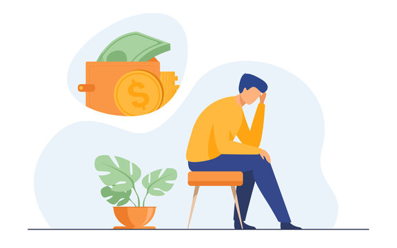 Depressed sad man thinking over financial problems and debts. Businessman broke, needing money, having unpaid loan. Vector illustration for bankruptcy, loss, crisis, trouble concept