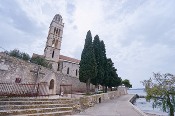 Franciscan Monastery on old town sea promenade, Hvar, Croatia.