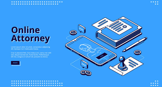 Online Attorney Isometric Landing Page. Digital Smartphone Application Or Internet Service For Law Consultation, Legal Advice. Mobile Phone App, Judgement, Legislation 3d Vector Line Art Web Banner