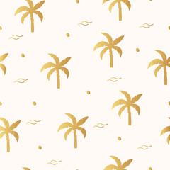 Hand drawn golden tropical tree silhouettes seamless pattern. Gold palm leaf botanical background. Vector isolated illustration tropic textile texture.