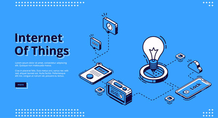 Internet of things banner. IoT technology of smart home concept. Vector landing page of house control system with isometric icons of interconnected smartphone, electric lamp and digital clock