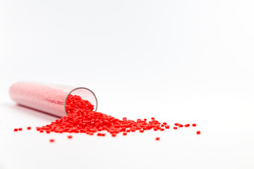 Close-up of plastic polymer granules. hand hold Polymer pellets. polymer plastic. compound polymer.