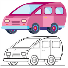 minivan in pink color in flat style, isolated object on a white background, vector illustration,