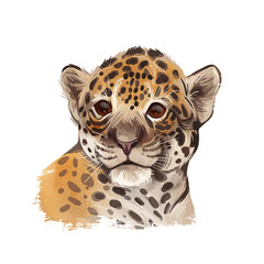 Jaguar baby tabby portrait closeup of animal. Panthera carnivore fauna. Wildlife of South America, drawn big mammal with furry coat. Feline cat with snout, watercolor digital art illustration.