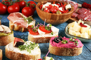 Assorted bruschetta with various toppings. Appetizing bruschetta or crudo crostini. Variety of small sandwiches. Mix bruschetta with tomatoes and basil