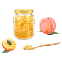 ピーチジャムと果実水彩イメージ