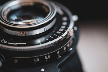 Macro and shallow depth of field image (selective focus) with the markings on the lens of a very...