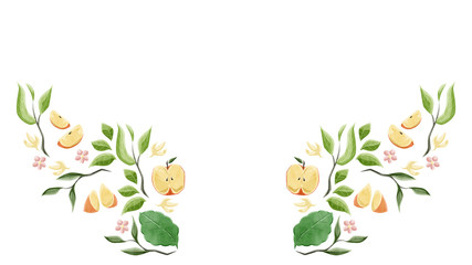 植物とリンゴの水彩フレームデザイン