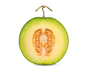 whole and slice of Japanese melons, green melon or cantaloupe melon with seeds isolated on white background