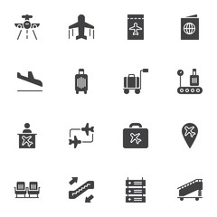Airport vector icons set, modern solid symbol collection, filled style pictogram pack. Signs, logo illustration. Set includes icons as boarding pass, passport document, waiting hall, airplane ladder