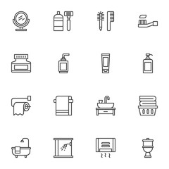 Bathroom accessories line icons set. linear style symbols collection, outline signs pack. vector graphics. Set includes icons as shaving mirror, bathtub and shower, hand dryer towel, liquid soap, sink