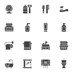 Bathroom accessories vector icons set, modern solid symbol collection, filled style pictogram pack. Signs, logo illustration. Set includes icons as shaving mirror, bathtub and shower, hand dryer towel