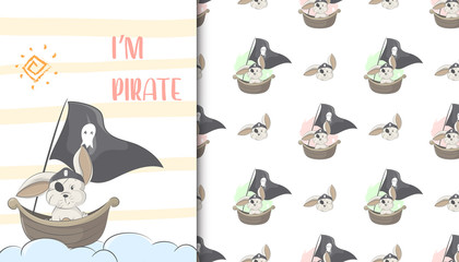 illustration of bunny pirate and kids baby pattern in the white backdrop