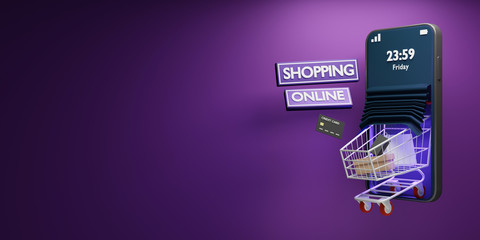 Cart shopping out of smartphone at night friday.Cart with shopping bags loaded.3D render.