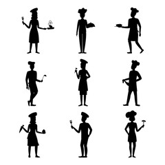 Cartoon Silhouette Black Professional Cooking Character People Set. Vector
