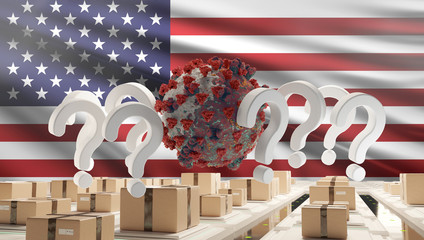 flag of USA question marks Coronavirus Covid-19 symbolic 3d-illustration