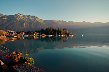 Beautiful swiss landscape. Iseltwald village on Brienzersee lake.