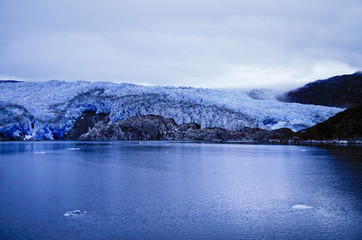 Panoramic breathtaking view of Tempanos Glacier and ice field in the region of Los Glaciares in the...