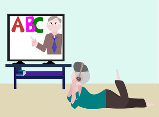 Boys study online at home. people using T V for social distancing . Vector people illustration on isolate white background. Cartoon character person flat design .