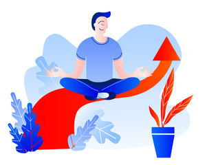 Obraz premium A man meditates sitting on the sales arrow. Vector illustration on the theme of Finance.